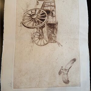 Original Sandy Scott - Rustic Wagon and Bird Art Print in Brown - Hand Signed